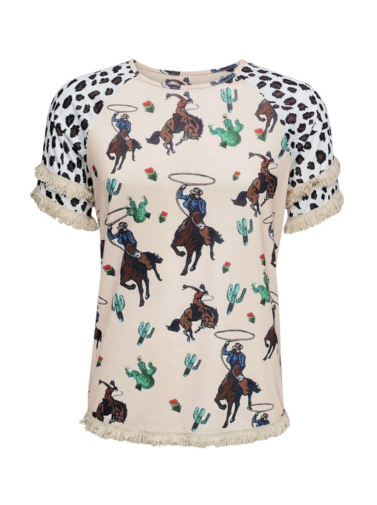 Ladies Cowboy/Rodeo Print Shirt with Fringe - 1001