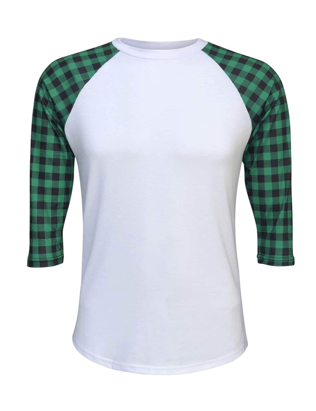 Adult 95% Polyester Sublimation Green/Black Buffalo Plaid Raglan