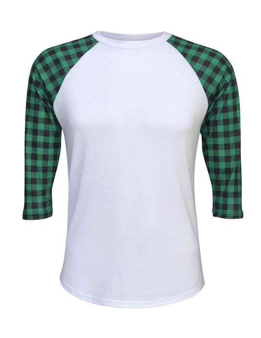 Adult 95% Polyester Sublimation Green/Black Buffalo Plaid Raglan