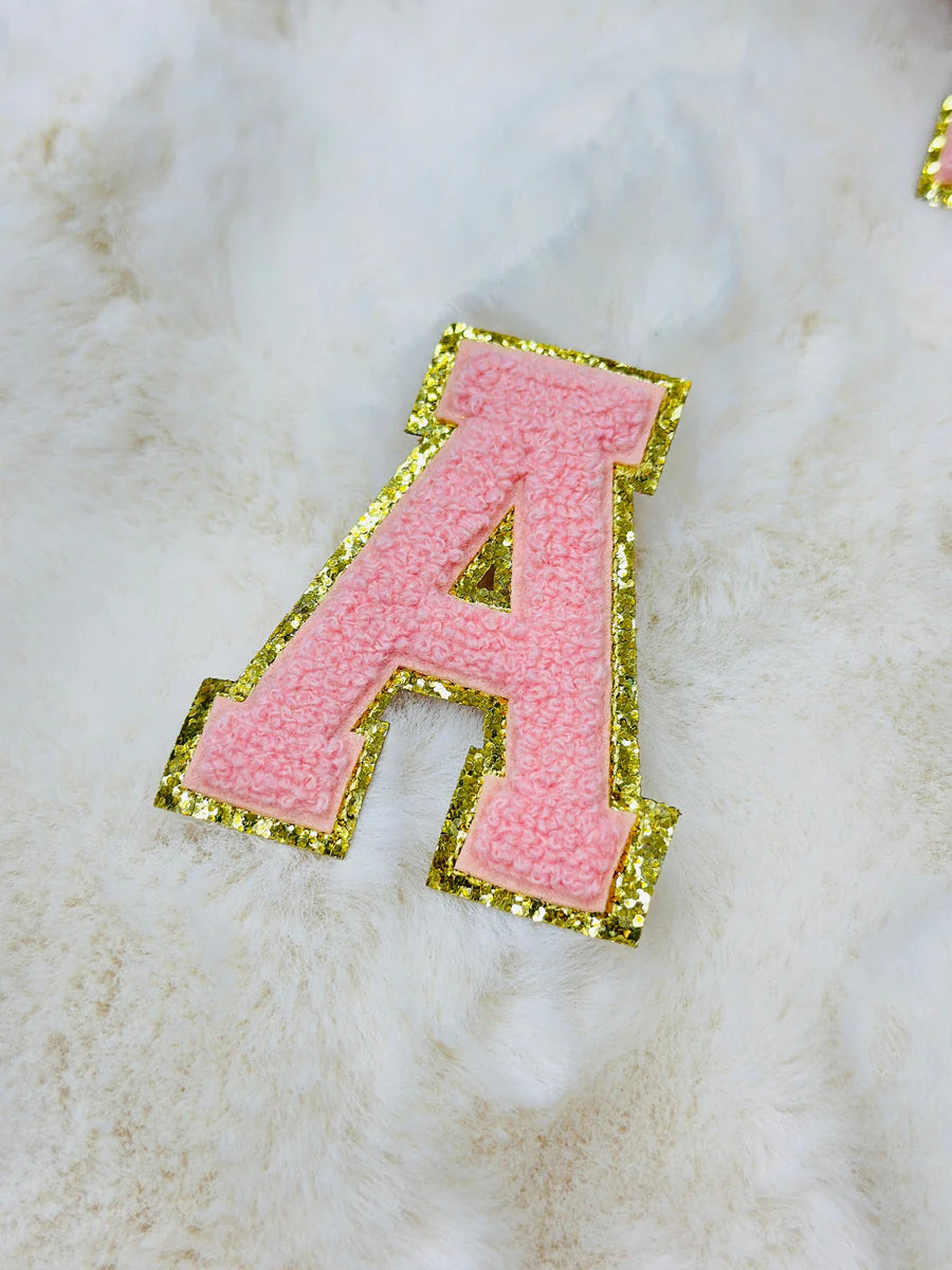 Pink and Gold Chenille Letter Patches
