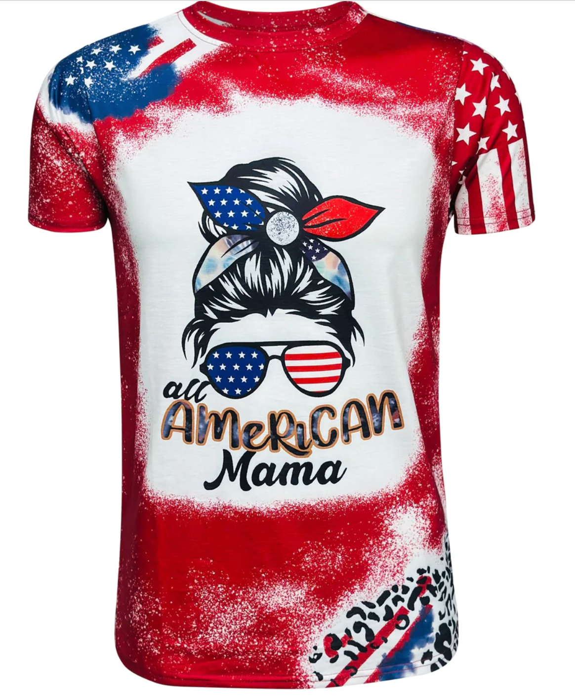 4th of July American Mama Top Bun Tired Mama faux bleached shirt