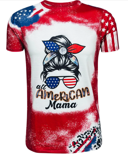 4th of July American Mama Top Bun Tired Mama faux bleached shirt