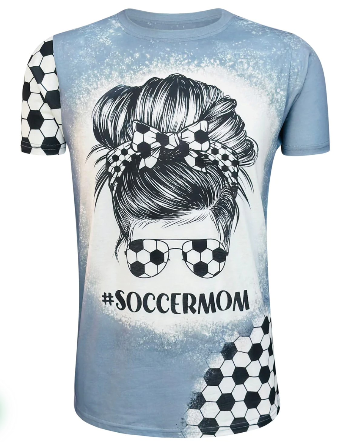 FAUX Bleached Polyester Soccer Blue Sublimation Shirt | Mom Bun Soccer Bleached Shirts | Soccer T-Shirt