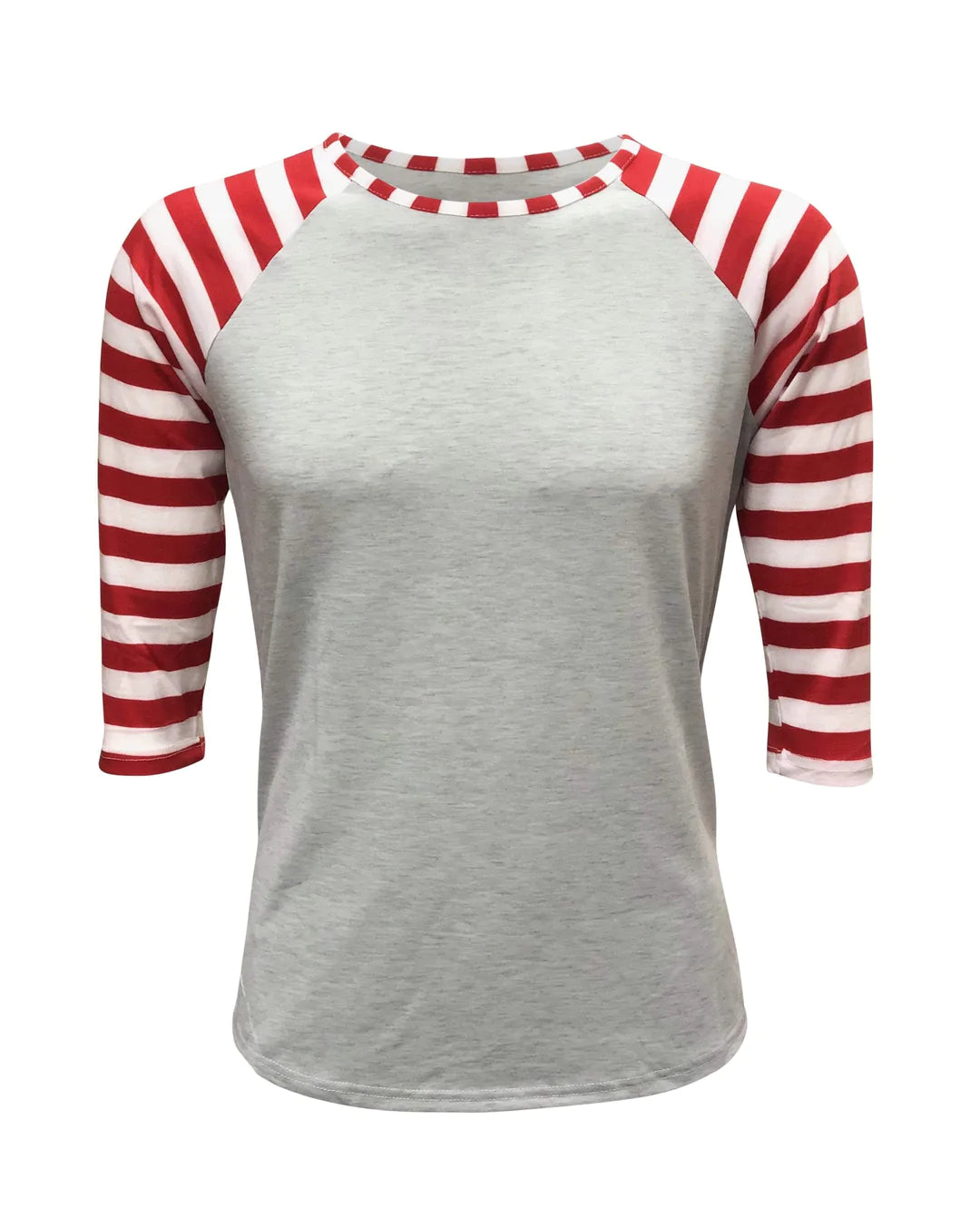 Christmas Adult Sublimation Grey Body Raglan with Candy Cane Striped Sleeves